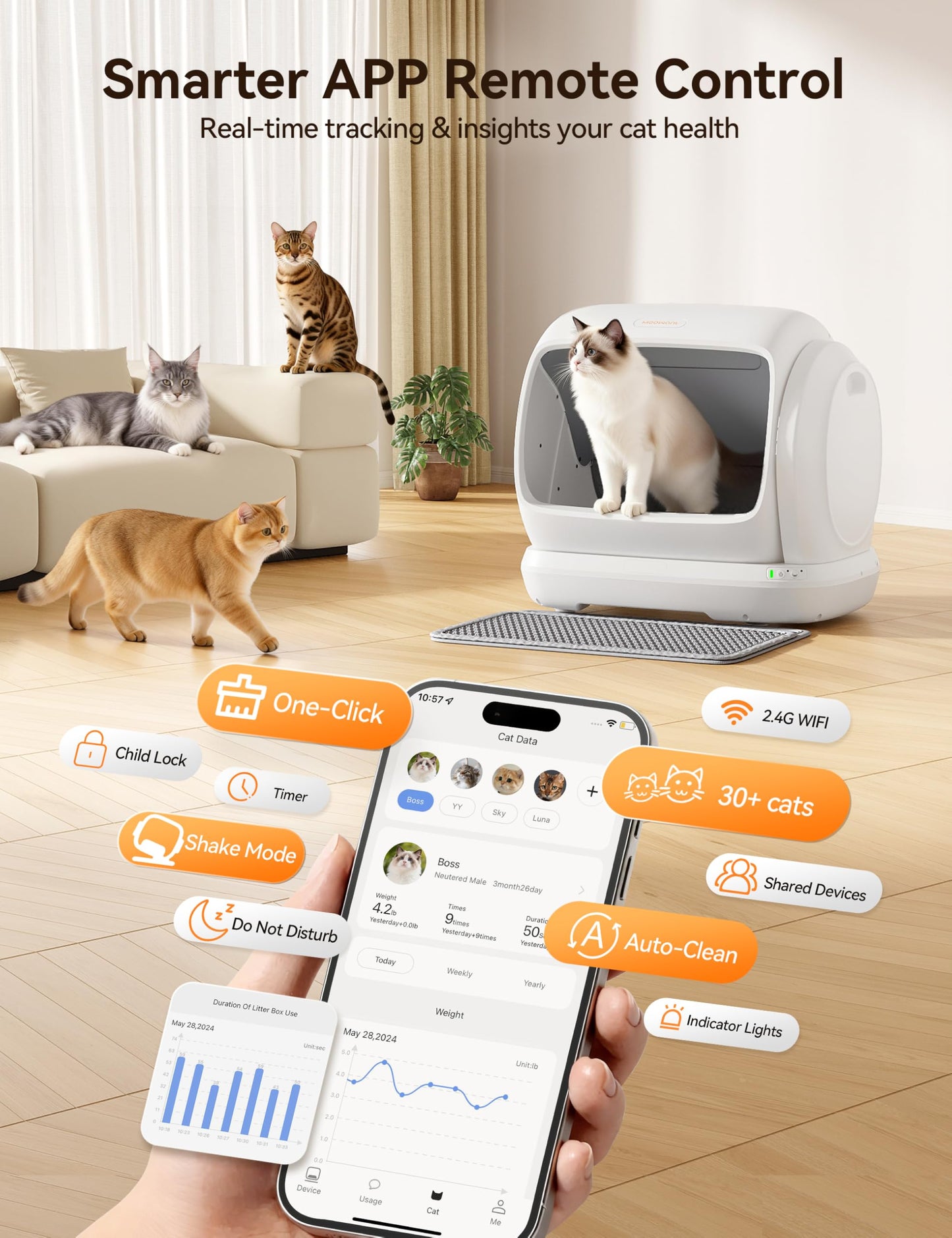 MeoWant Self-Cleaning Cat Litter Box, 106L Extra-Large Space Low