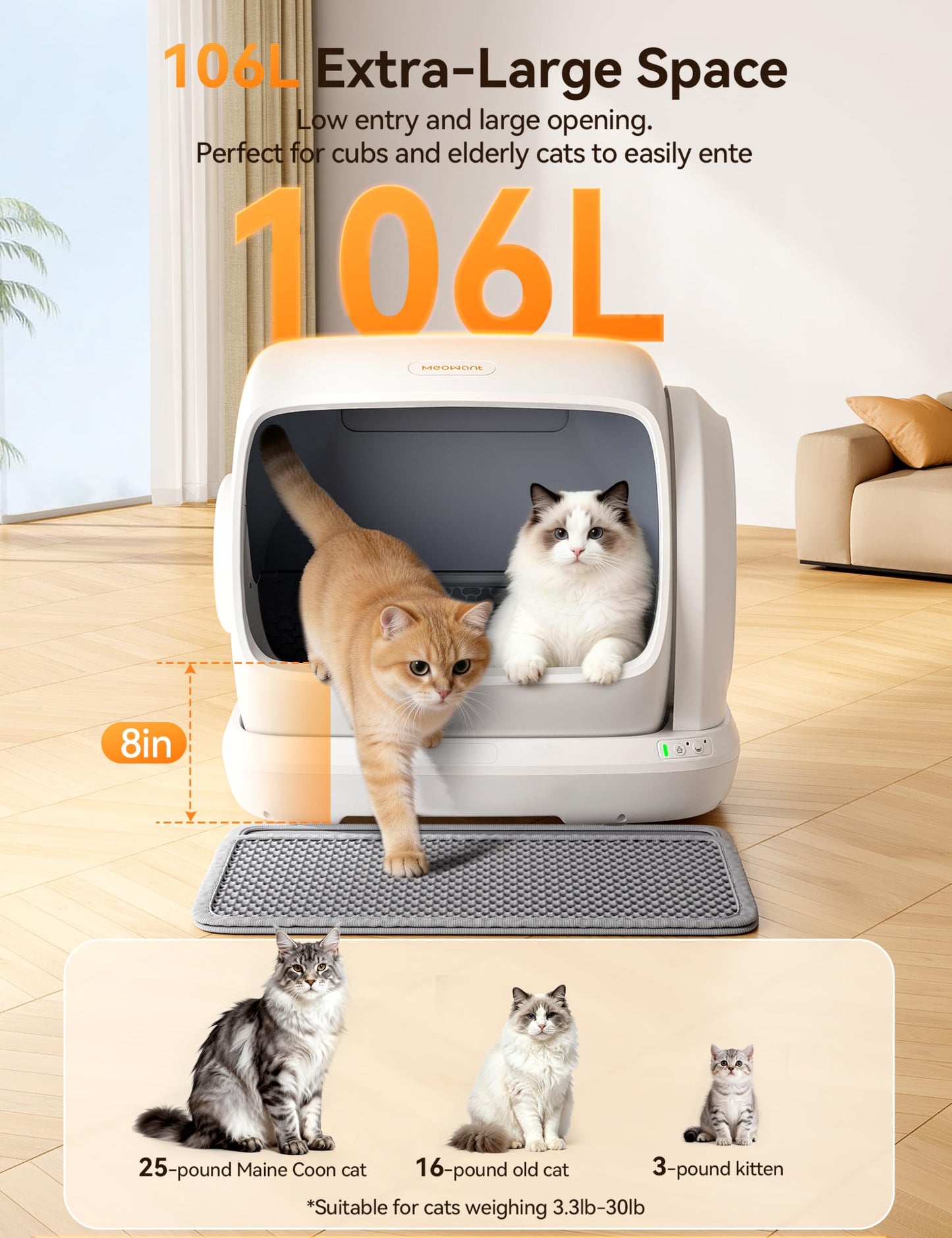 MeoWant Self-Cleaning Cat Litter Box, 106L Extra-Large Space Low