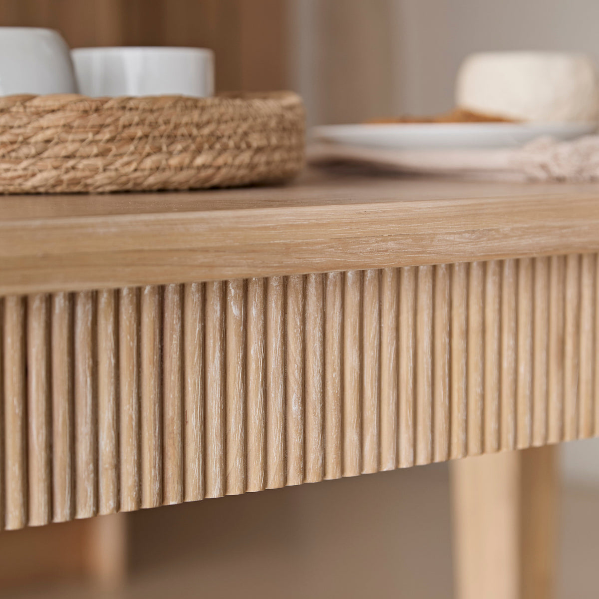 Raleigh Whitewash Oak Rectangular Dining Table Set - 6 Seater - Freya Sand Dining Chairs - Whitewash Oak Legs