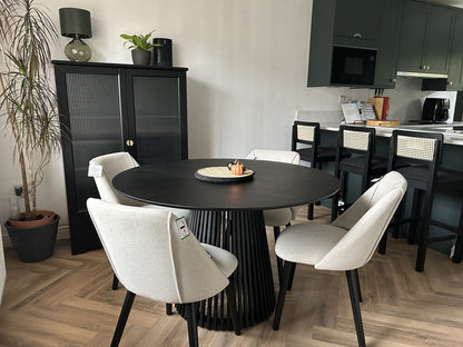 Willow Black Dining Table Set - 4 Seater - Freya Sand Dining Chairs - Black Oak Legs