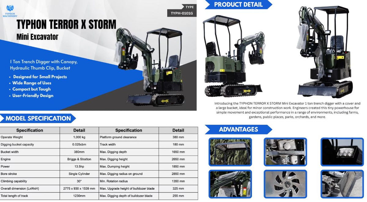 TYPHON TERROR X STORM Mini Excavator Machine – 1 Ton Trench Digger with Canopy, Hydraulic Thumb Clip, Bucket USA