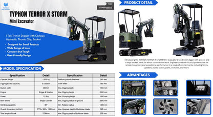 TYPHON TERROR X STORM Mini Excavator Machine – 1 Ton Trench Digger with Canopy, Hydraulic Thumb Clip, Bucket USA