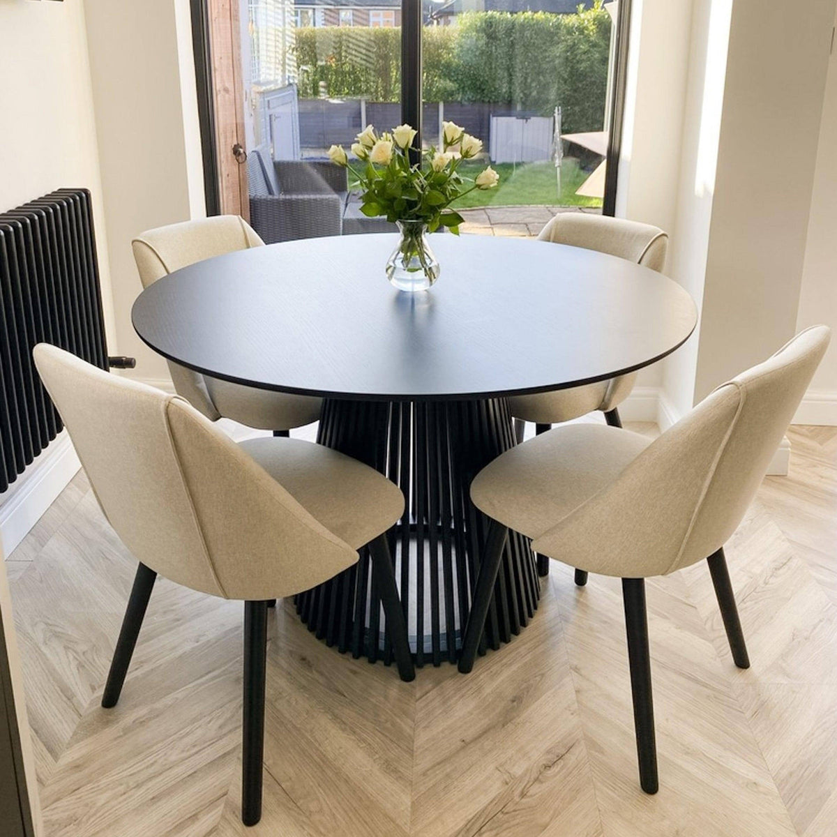 Willow Black Dining Table Set - 4 Seater - Freya Sand Dining Chairs - Black Oak Legs